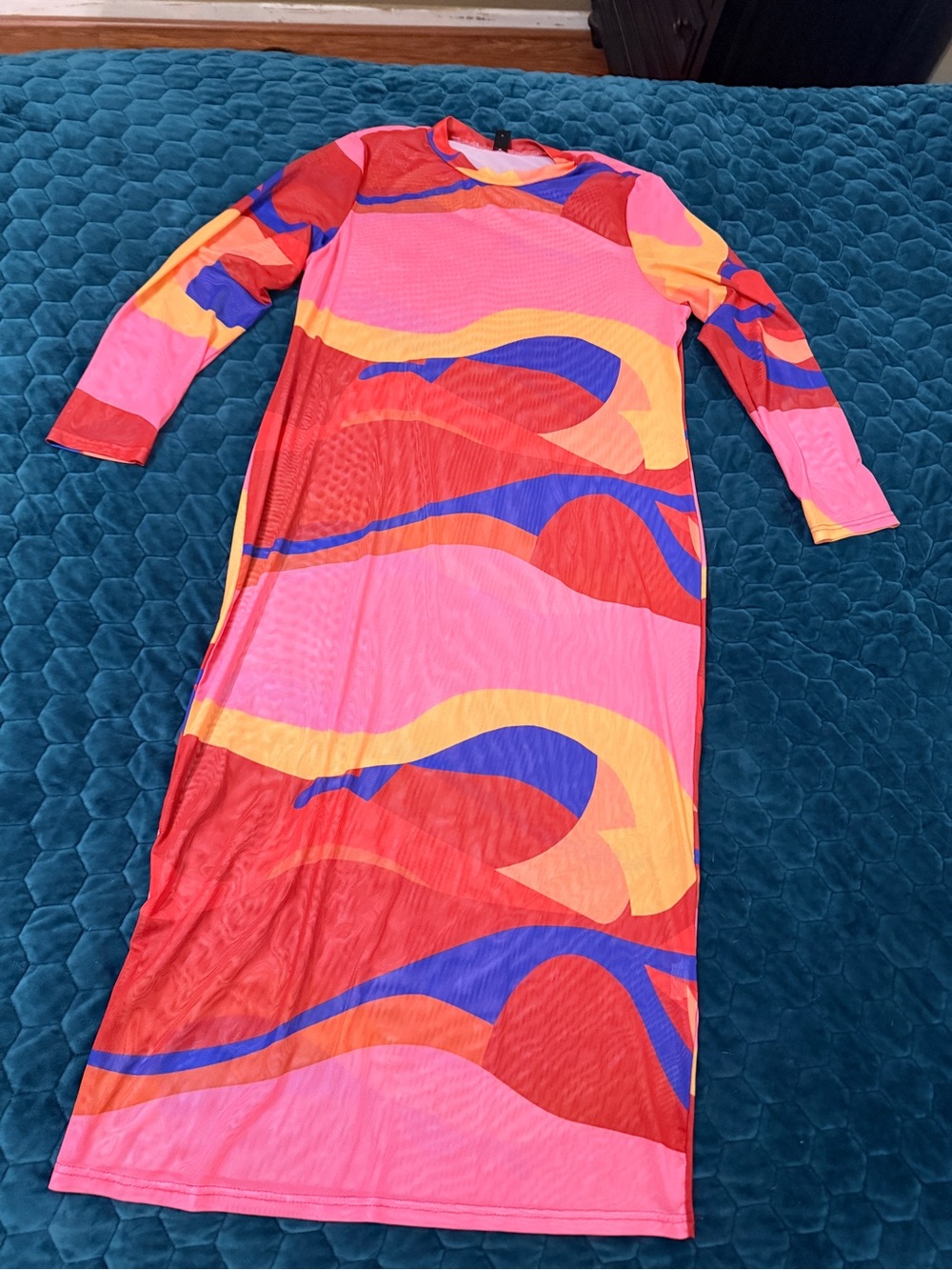 SHEIN 3XL Pink Red Wave-Print Long Sleeve Maxi Dress Pool Beach Cover Sheer XXL